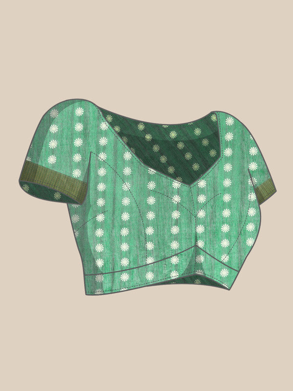 Green Silk Cotton Printed Floral Saree with Unstitched Blouse - Hiral Fashion | Grocsy