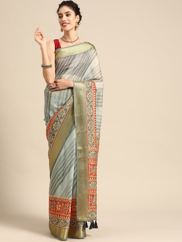 Gray Silk Cotton Printed Striped Saree with Unstitched Blouse - Hiral Fashion | Grocsy