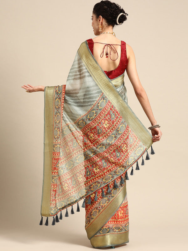 Gray Silk Cotton Printed Striped Saree with Unstitched Blouse - Hiral Fashion | Grocsy