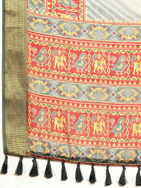 Gray Silk Cotton Printed Striped Saree with Unstitched Blouse - Hiral Fashion | Grocsy