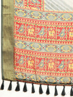 Gray Silk Cotton Printed Striped Saree with Unstitched Blouse - Hiral Fashion | Grocsy