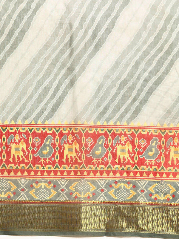 Gray Silk Cotton Printed Striped Saree with Unstitched Blouse - Hiral Fashion | Grocsy