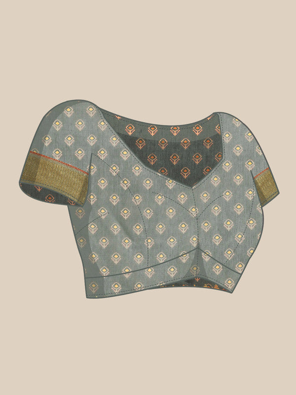 Gray Silk Cotton Printed Striped Saree with Unstitched Blouse - Hiral Fashion | Grocsy