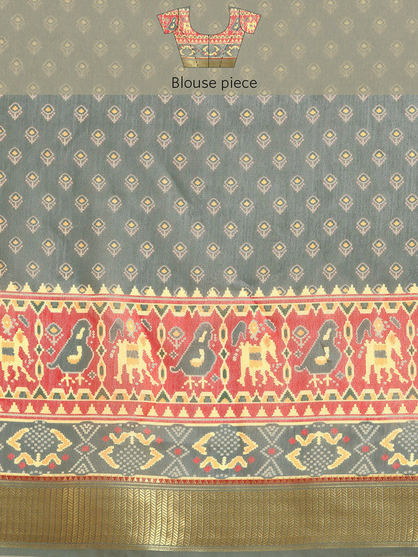 Gray Silk Cotton Printed Striped Saree with Unstitched Blouse - Hiral Fashion | Grocsy