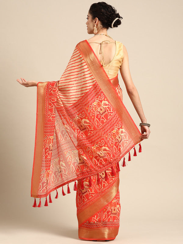 Orange Silk Cotton Printed Striped Saree with Unstitched Blouse - Hiral Fashion | Grocsy
