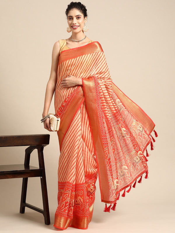 Orange Silk Cotton Printed Striped Saree with Unstitched Blouse - Hiral Fashion | Grocsy