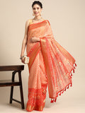 Orange Silk Cotton Printed Striped Saree with Unstitched Blouse - Hiral Fashion | Grocsy