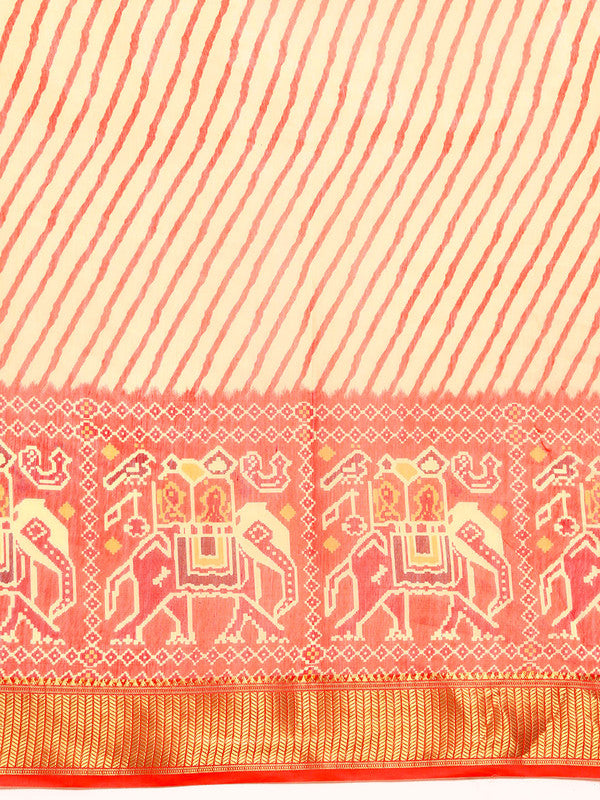 Orange Silk Cotton Printed Striped Saree with Unstitched Blouse - Hiral Fashion | Grocsy