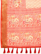Orange Silk Cotton Printed Striped Saree with Unstitched Blouse - Hiral Fashion | Grocsy