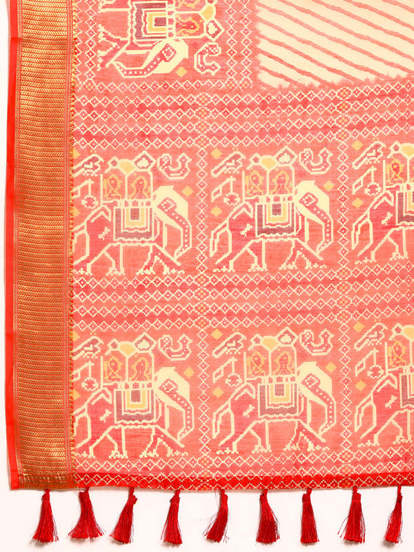 Orange Silk Cotton Printed Striped Saree with Unstitched Blouse - Hiral Fashion | Grocsy