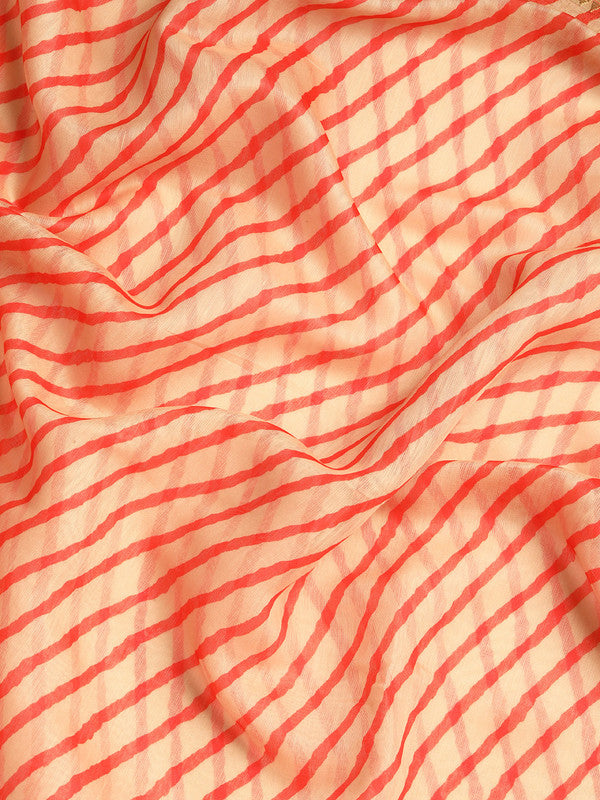 Orange Silk Cotton Printed Striped Saree with Unstitched Blouse - Hiral Fashion | Grocsy