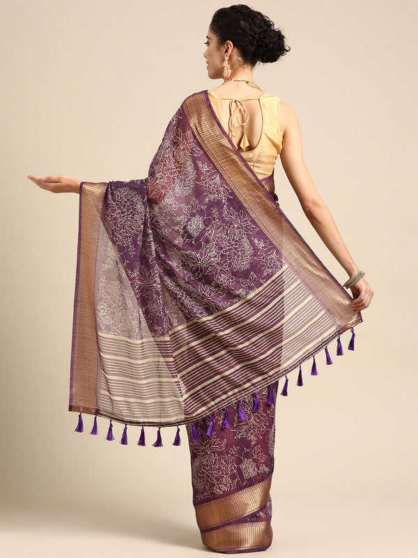 Purple Silk Cotton Printed Floral Saree with Unstitched Blouse - Hiral Fashion | Grocsy