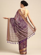Purple Silk Cotton Printed Floral Saree with Unstitched Blouse - Hiral Fashion | Grocsy