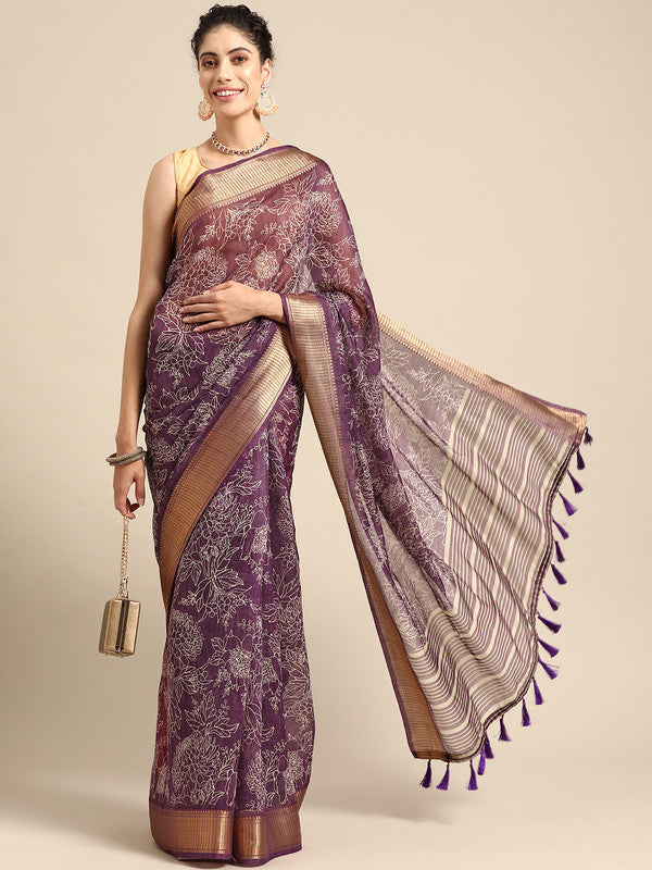 Purple Silk Cotton Printed Floral Saree with Unstitched Blouse - Hiral Fashion | Grocsy