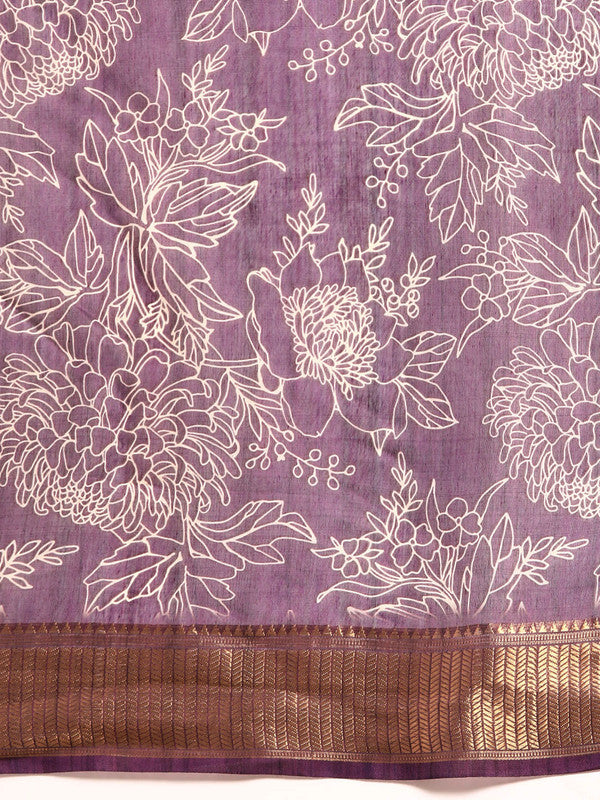 Purple Silk Cotton Printed Floral Saree with Unstitched Blouse - Hiral Fashion | Grocsy