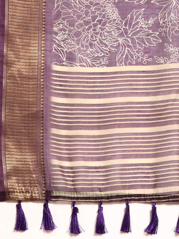 Purple Silk Cotton Printed Floral Saree with Unstitched Blouse - Hiral Fashion | Grocsy