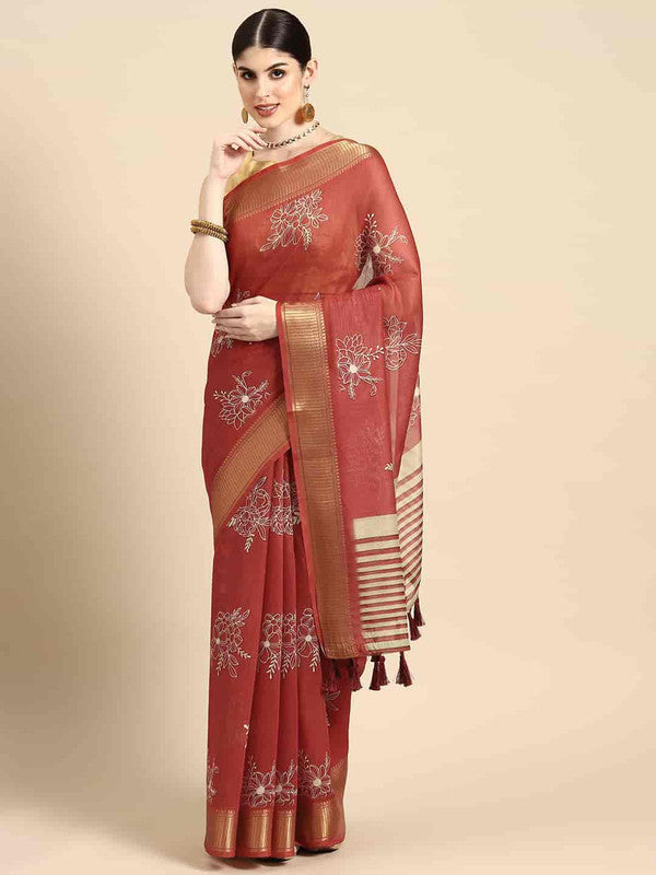 Red Silk Cotton Printed Floral Saree with Unstitched Blouse - Hiral Fashion | Grocsy