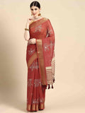 Red Silk Cotton Printed Floral Saree with Unstitched Blouse - Hiral Fashion | Grocsy