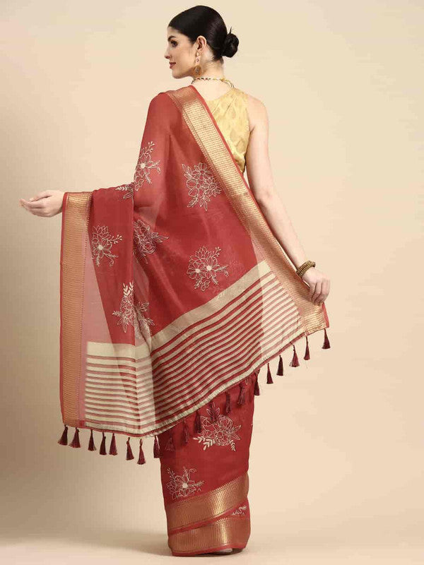 Red Silk Cotton Printed Floral Saree with Unstitched Blouse - Hiral Fashion | Grocsy