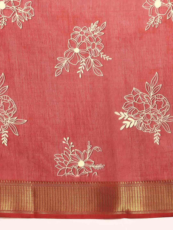 Red Silk Cotton Printed Floral Saree with Unstitched Blouse - Hiral Fashion | Grocsy