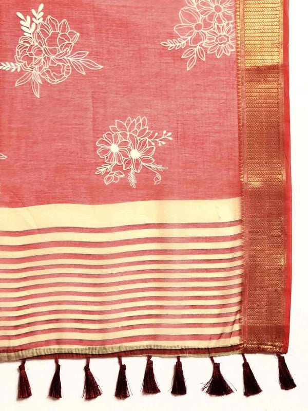 Red Silk Cotton Printed Floral Saree with Unstitched Blouse - Hiral Fashion | Grocsy