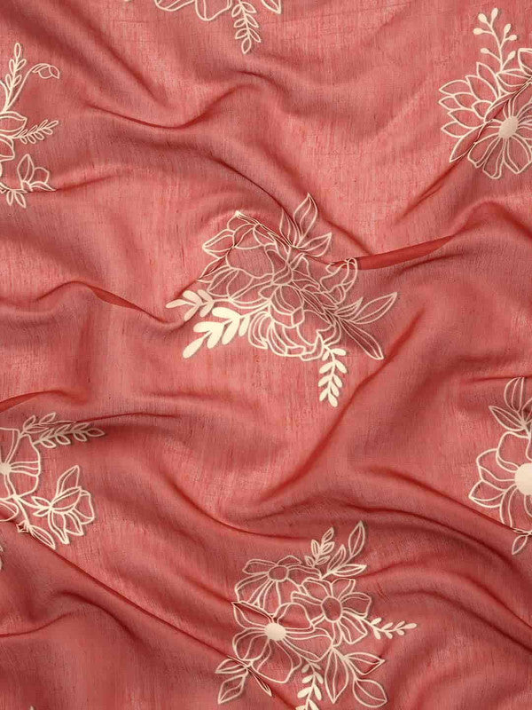 Red Silk Cotton Printed Floral Saree with Unstitched Blouse - Hiral Fashion | Grocsy