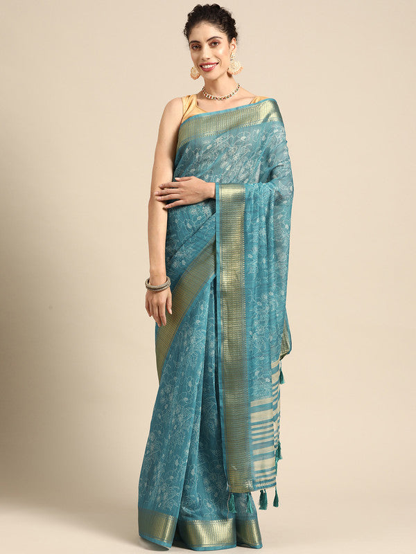 Turquoise Silk Cotton Printed Floral Saree with Unstitched Blouse - Hiral Fashion | Grocsy