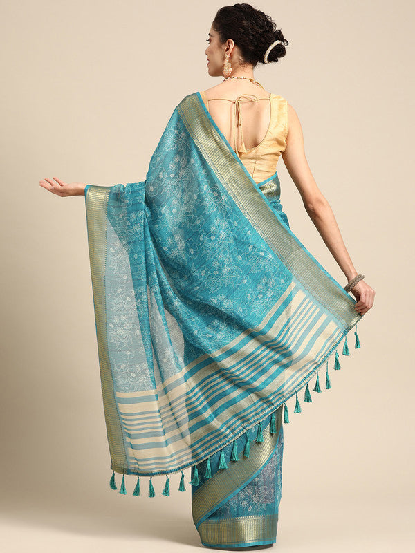 Turquoise Silk Cotton Printed Floral Saree with Unstitched Blouse - Hiral Fashion | Grocsy