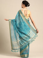 Turquoise Silk Cotton Printed Floral Saree with Unstitched Blouse - Hiral Fashion | Grocsy