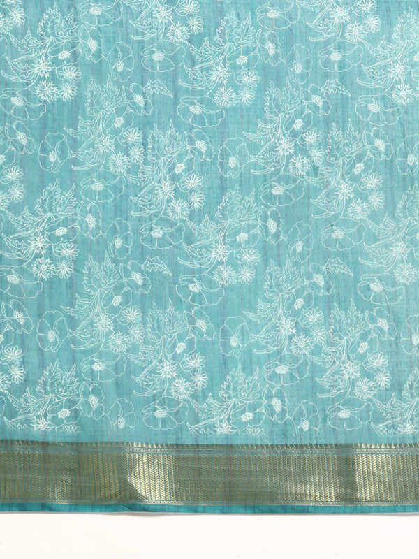 Turquoise Silk Cotton Printed Floral Saree with Unstitched Blouse - Hiral Fashion | Grocsy