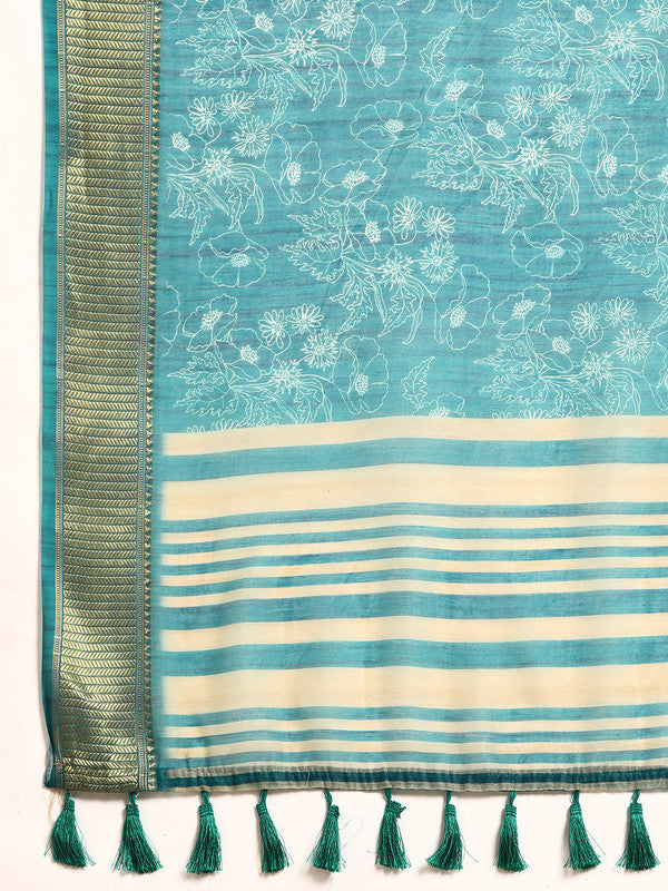 Turquoise Silk Cotton Printed Floral Saree with Unstitched Blouse - Hiral Fashion | Grocsy