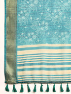 Turquoise Silk Cotton Printed Floral Saree with Unstitched Blouse - Hiral Fashion | Grocsy