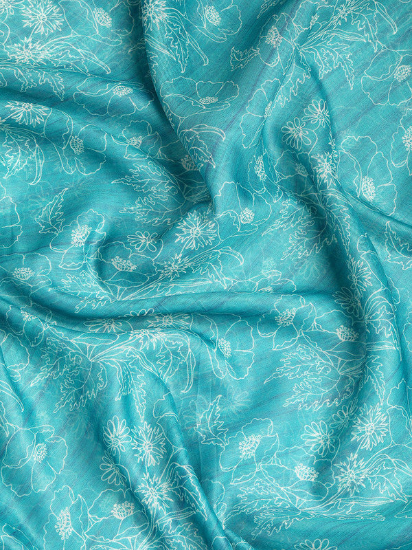 Turquoise Silk Cotton Printed Floral Saree with Unstitched Blouse - Hiral Fashion | Grocsy