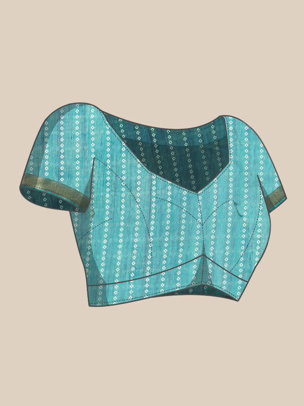 Turquoise Silk Cotton Printed Floral Saree with Unstitched Blouse - Hiral Fashion | Grocsy