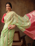 Green Cotton Woven Zari Design Floral Saree with Unstitched Blouse - Hiral Fashion | Grocsy