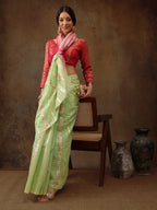 Green Cotton Woven Zari Design Floral Saree with Unstitched Blouse - Hiral Fashion | Grocsy
