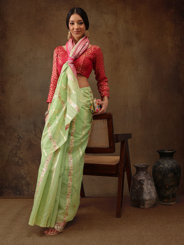 Green Cotton Woven Zari Design Floral Saree with Unstitched Blouse - Hiral Fashion | Grocsy