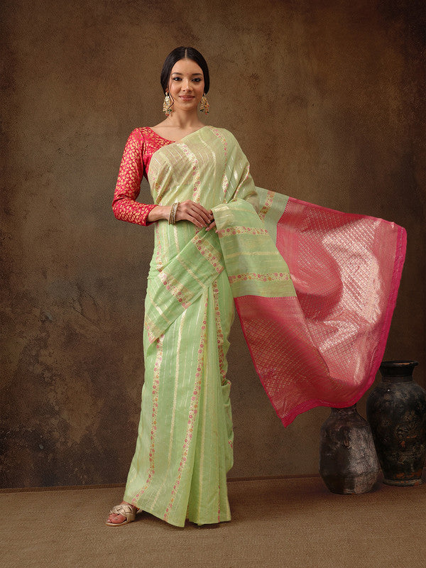 Green Cotton Woven Zari Design Floral Saree with Unstitched Blouse - Hiral Fashion | Grocsy