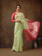 Green Cotton Woven Zari Design Floral Saree with Unstitched Blouse - Hiral Fashion | Grocsy