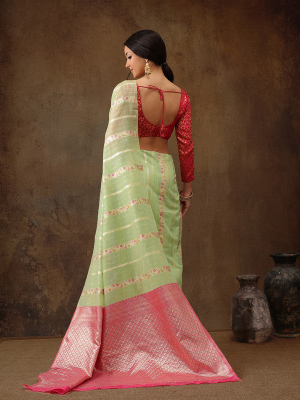 Green Cotton Woven Zari Design Floral Saree with Unstitched Blouse - Hiral Fashion | Grocsy