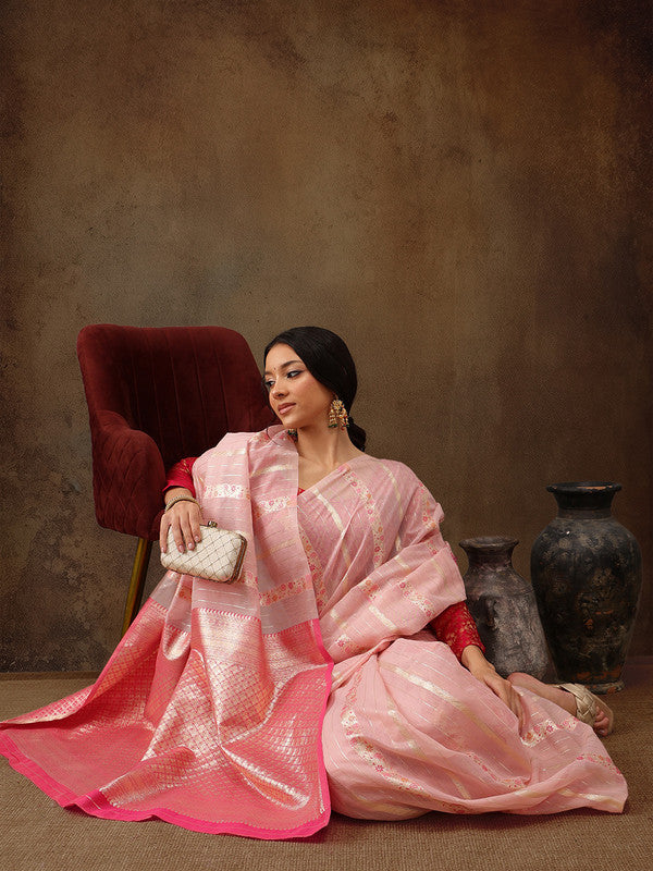 Pink Cotton Woven Zari Design Floral Saree with Unstitched Blouse - Hiral Fashion | Grocsy