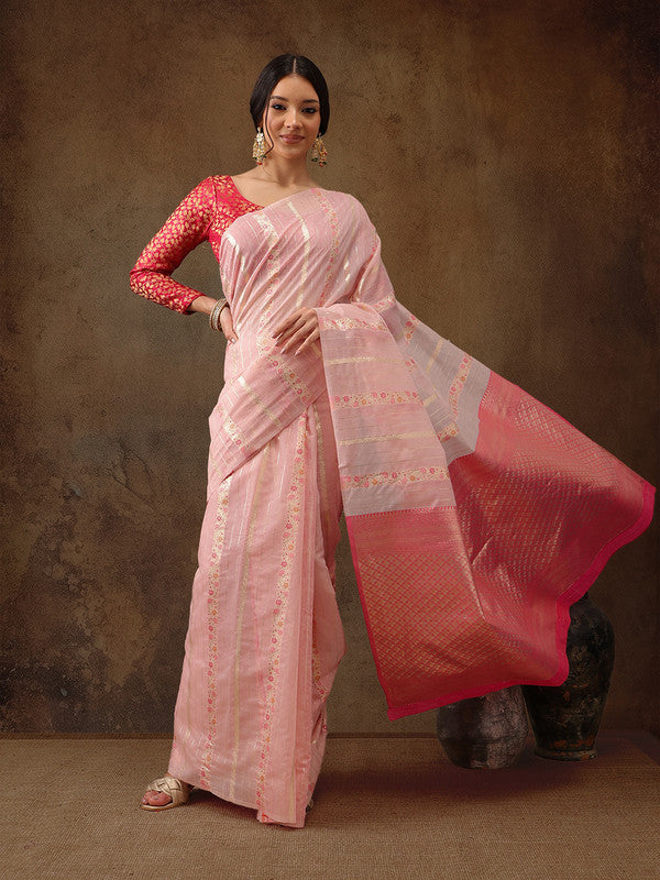 Pink Cotton Woven Zari Design Floral Saree with Unstitched Blouse - Hiral Fashion | Grocsy