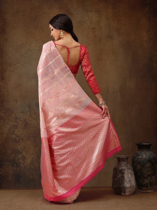 Pink Cotton Woven Zari Design Floral Saree with Unstitched Blouse - Hiral Fashion | Grocsy