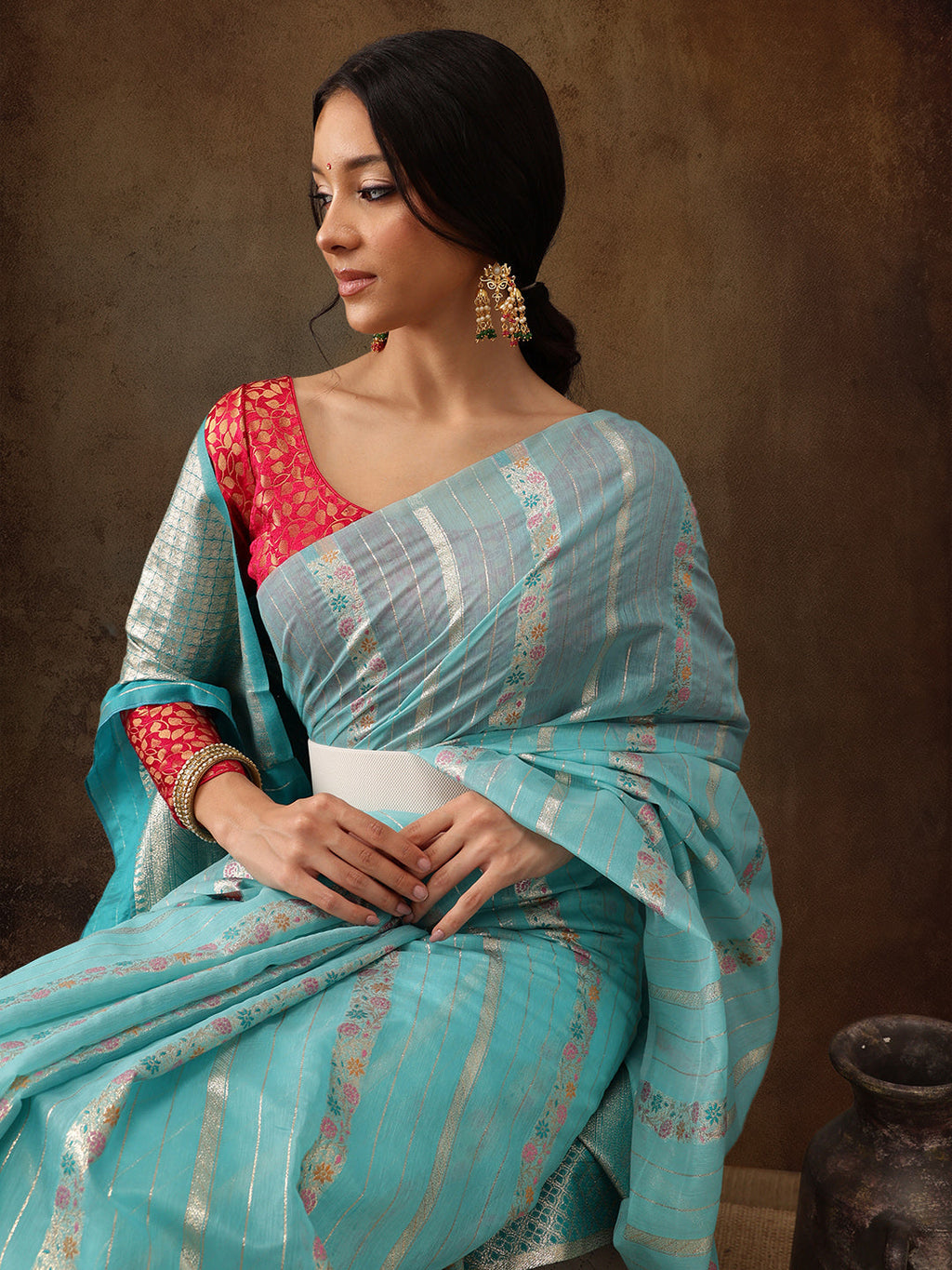 Turquoise Cotton Woven Zari Design Floral Saree with Unstitched Blouse - Hiral Fashion | Grocsy