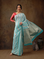 Turquoise Cotton Woven Zari Design Floral Saree with Unstitched Blouse - Hiral Fashion | Grocsy