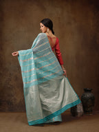 Turquoise Cotton Woven Zari Design Floral Saree with Unstitched Blouse - Hiral Fashion | Grocsy