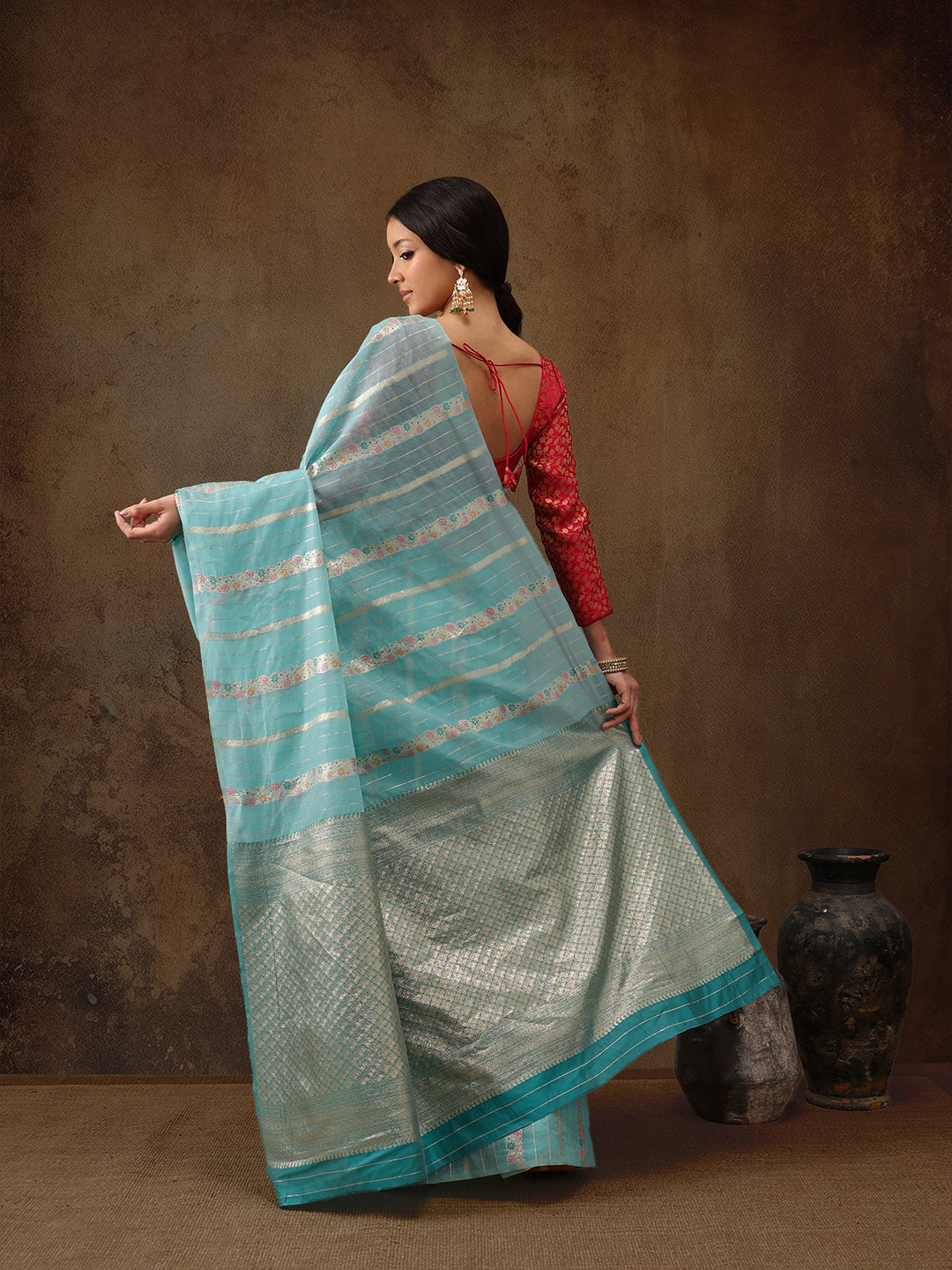 Turquoise Cotton Woven Zari Design Floral Saree with Unstitched Blouse - Hiral Fashion | Grocsy