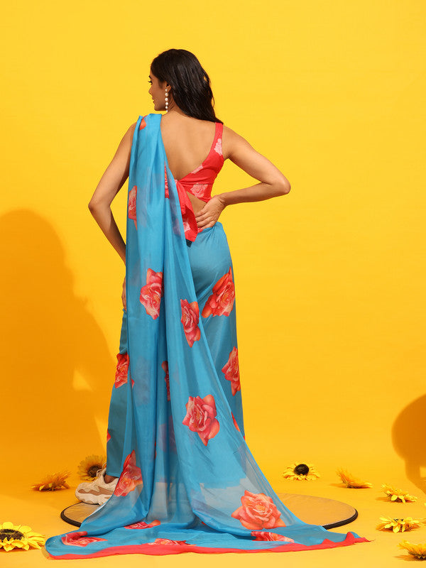 Blue Silk Blend Printed Floral Saree with Unstitched Blouse - Hiral Fashion | Grocsy