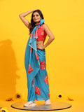 Blue Silk Blend Printed Floral Saree with Unstitched Blouse - Hiral Fashion | Grocsy