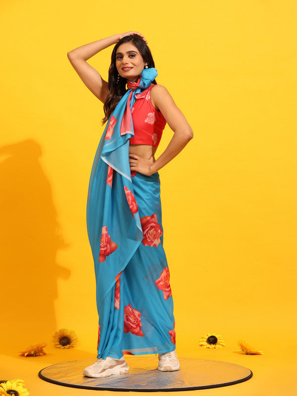 Blue Silk Blend Printed Floral Saree with Unstitched Blouse - Hiral Fashion | Grocsy